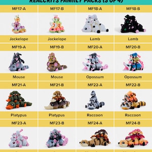 a collection of stuffed animal toys, including cats, mice, and other animals, arranged in a grid format.