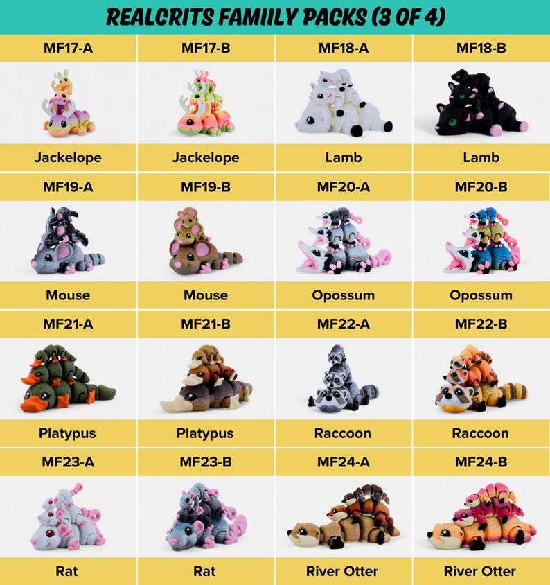 a collection of stuffed animal toys, including cats, mice, and other animals, arranged in a grid format.