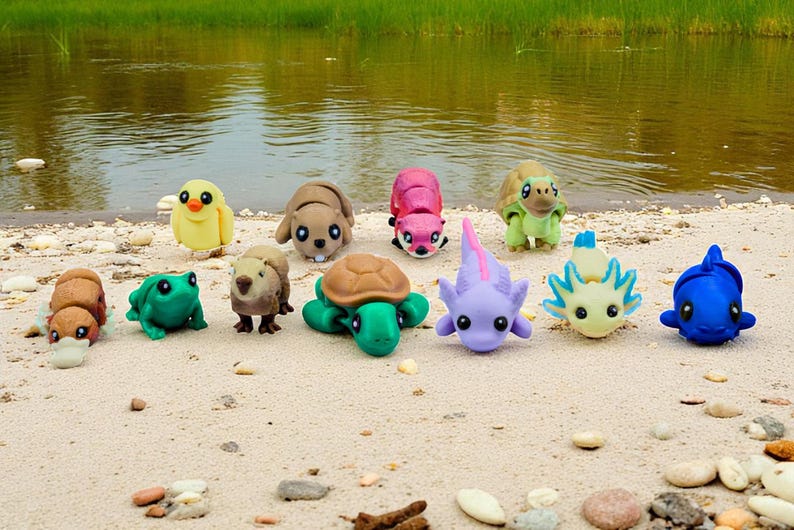 River Animal Fidget Toys | 3D Printed Beaver Axolotl Frog Duck Turtle Otter Platypus Tortoise | Aquatic Fun | Sensory Play | 11-Piece Set afbeelding 3