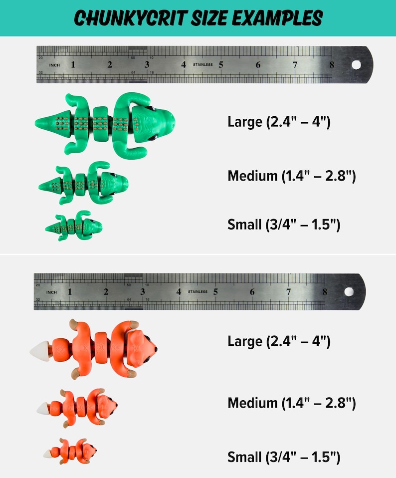 size examples of different objects, including toy lizards and toy animals, along with their corresponding measurements.