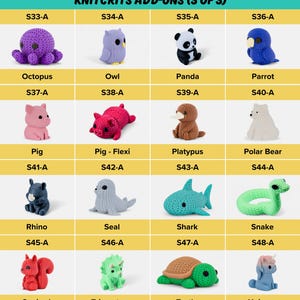 a collection of crocheted stuffed animals and plush toys, each with different colors and designs. The items include an octopus, owl, panda, parrot, pig, pig- flexi, platypus, polar bear, seal, shark, snake, rhino, seal, turtle, and unicorn.