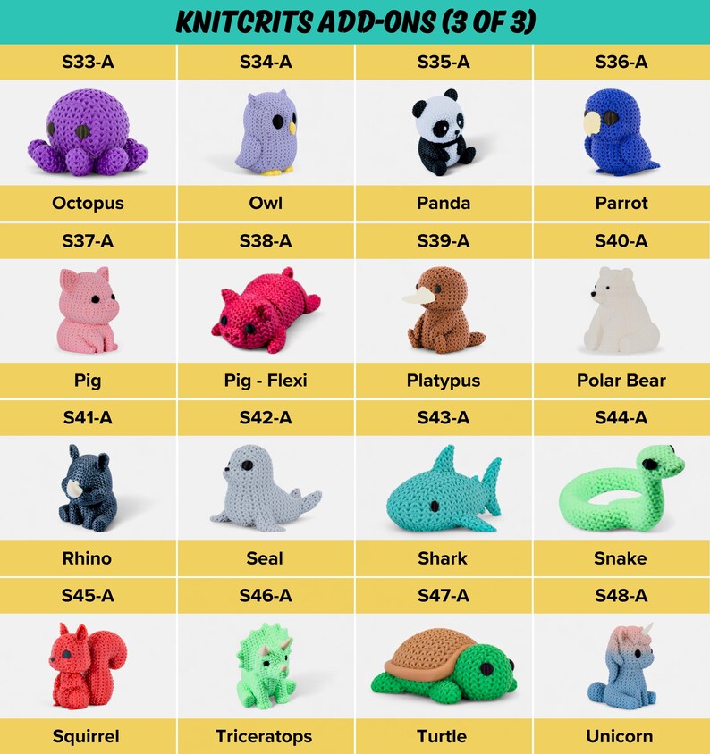 a collection of crocheted stuffed animals and plush toys, each with different colors and designs. The items include an octopus, owl, panda, parrot, pig, pig- flexi, platypus, polar bear, seal, shark, snake, rhino, seal, turtle, and unicorn.