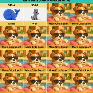 The image is a collage of 12 images featuring a dog wearing sunglasses and a wolf, with the dog in various poses and the wolf in different settings. The images are arranged in a grid format, with each image containing a different dog and wolf. The text "KNITCRITS add-ons (4 of 4)" is displayed above the images, indicating that there are four additional images of knitcrubs available.
