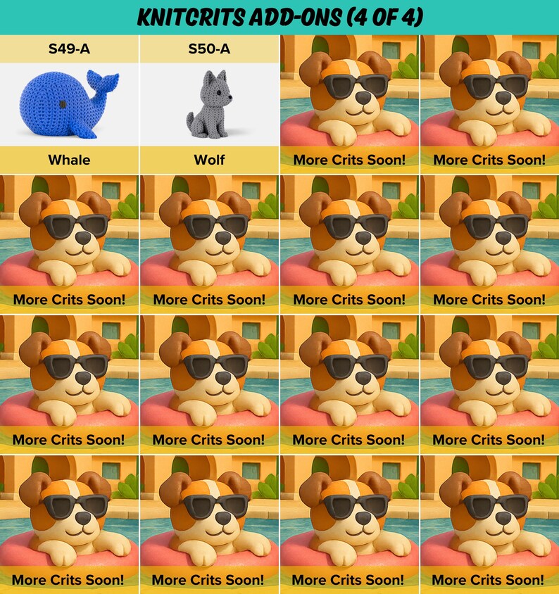 The image is a collage of 12 images featuring a dog wearing sunglasses and a wolf, with the dog in various poses and the wolf in different settings. The images are arranged in a grid format, with each image containing a different dog and wolf. The text "KNITCRITS add-ons (4 of 4)" is displayed above the images, indicating that there are four additional images of knitcrubs available.