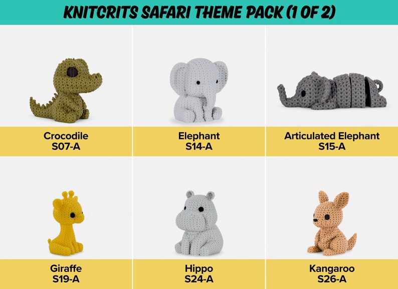 Crocodile, Elephant, Articulated Elephant, Giraffe, Hippo, Kangaroo