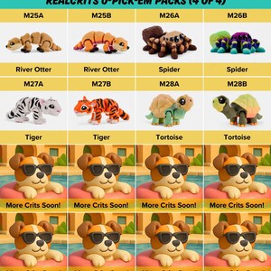 a collection of four different plush toy animals, including a river otter, spider, tiger, and tortoise, each with a unique design and color. The toys are arranged in a grid format, with each row representing a different plush toy and each column representing a different type of plush toy. The image also includes text that reads "Real Crits U-Pick-Em Packs (4 of 4)".