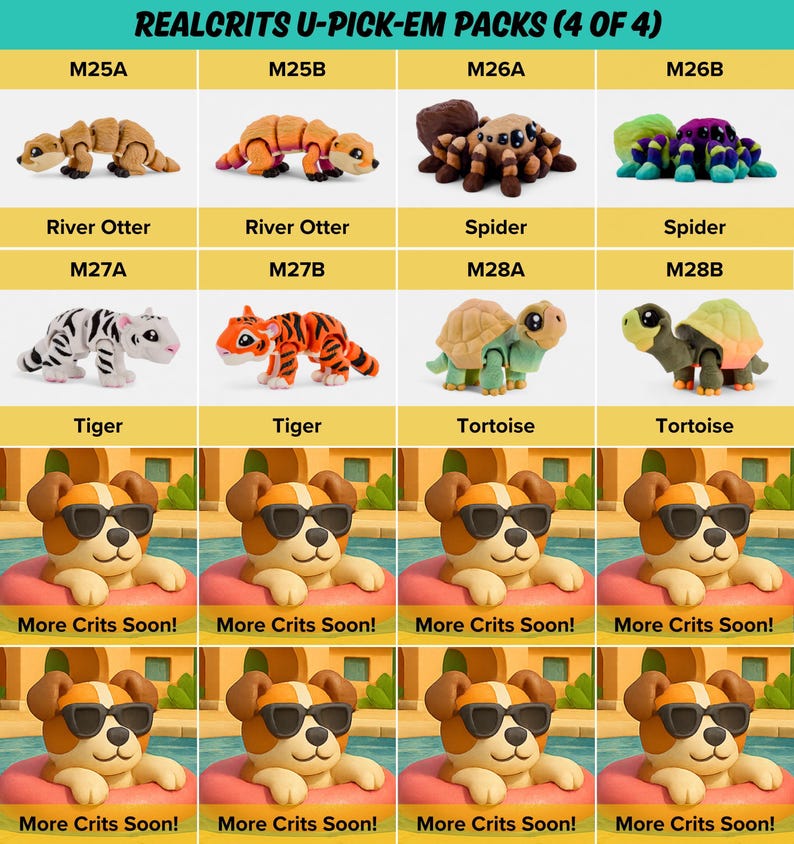 a collection of four different plush toy animals, including a river otter, spider, tiger, and tortoise, each with a unique design and color. The toys are arranged in a grid format, with each row representing a different plush toy and each column representing a different type of plush toy. The image also includes text that reads "Real Crits U-Pick-Em Packs (4 of 4)".