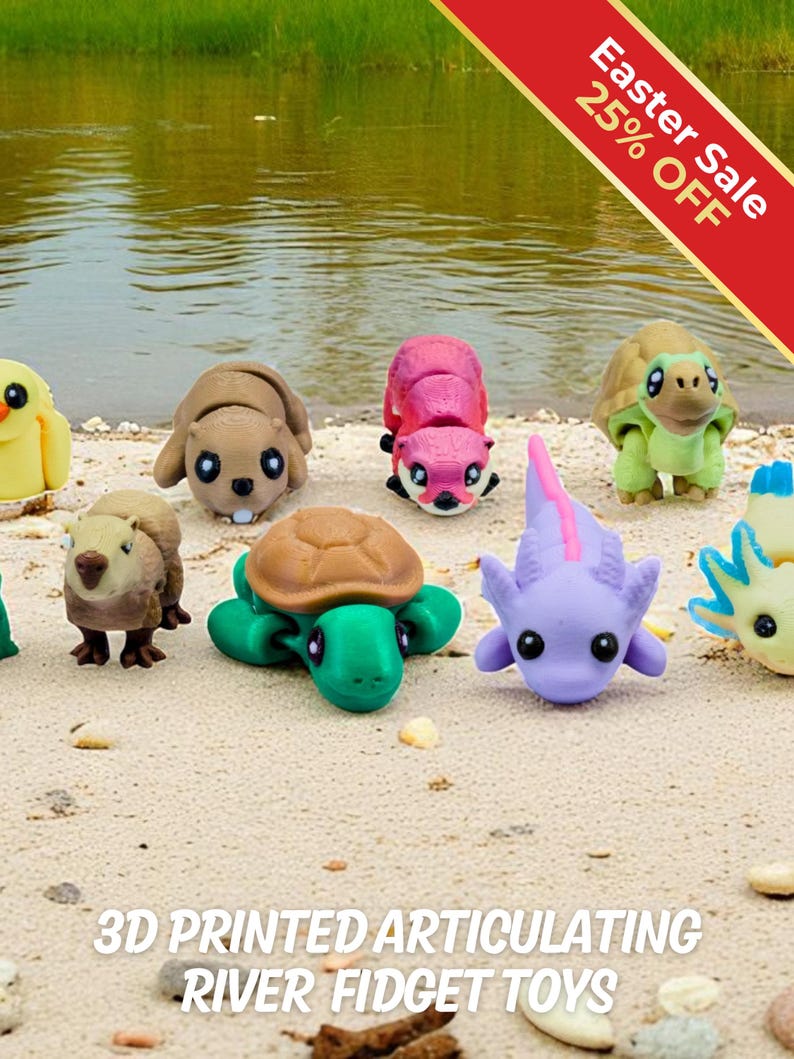 River Animal Fidget Toys | 3D Printed Beaver Axolotl Frog Duck Turtle Otter Platypus Tortoise | Aquatic Fun | Sensory Play | 11-Piece Set afbeelding 1