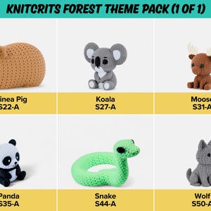 a collection of six crocheted animal toys, each with a different animal and color, arranged in a grid.