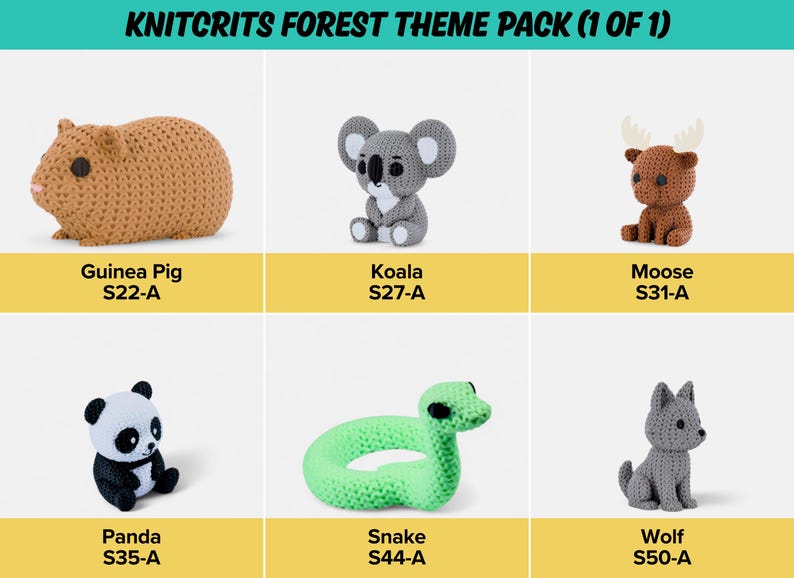 a collection of six crocheted animal toys, each with a different animal and color, arranged in a grid.