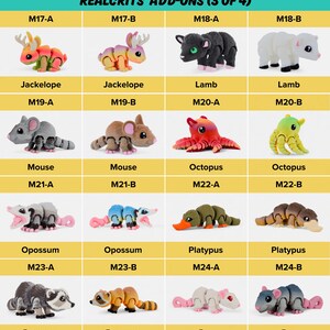 a collection of toy animals, including a jaguar, jackalope, lamb, mouse, octopus, opossum, platypus, and a raccoon, along with their corresponding toy names.