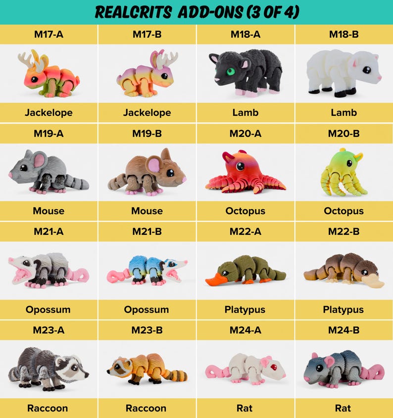 a collection of toy animals, including a jaguar, jackalope, lamb, mouse, octopus, opossum, platypus, and a raccoon, along with their corresponding toy names.
