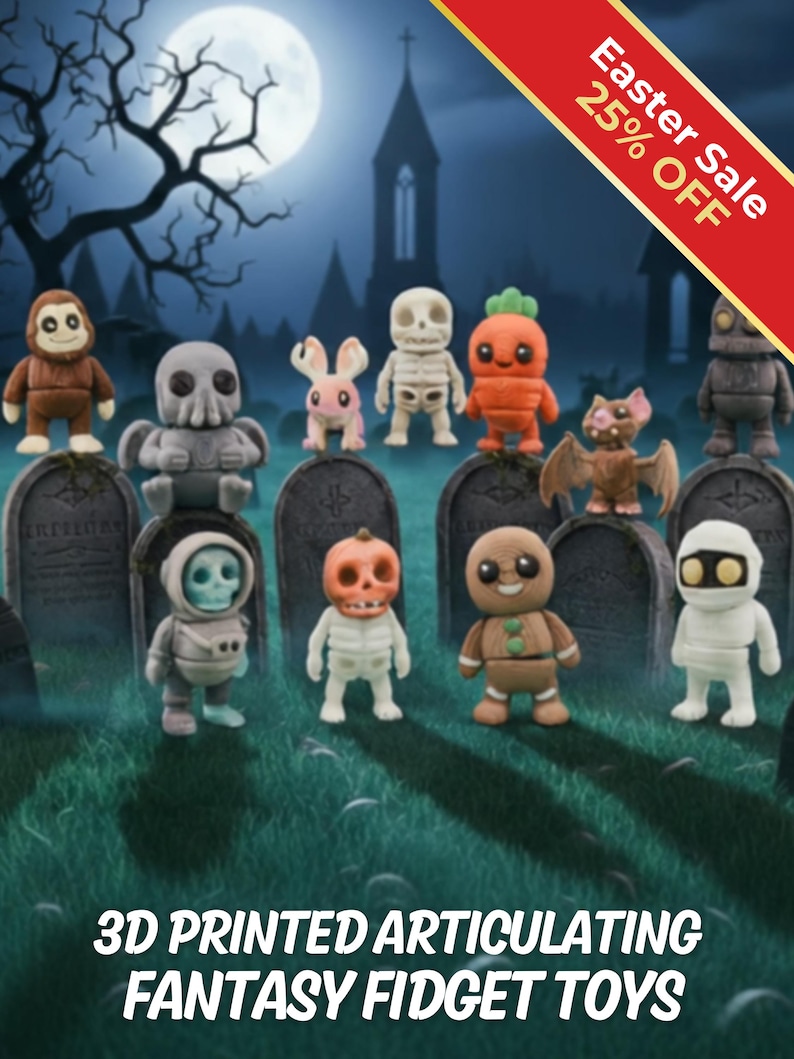 Fantasy Fidget Toys | 3D Printed Loch Ness Vampire Jackalope Yeti Mummies Skeletons | Sensory Play | 6-Piece Magical Collection image 1