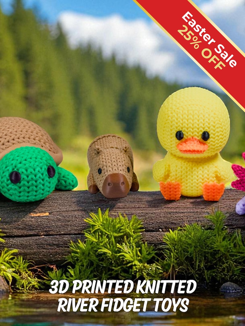 River Animal Fidget Toys | 3D Printed Knit-Textured | Axolotl Frog Duck Turtle Otter | Aquatic Fun | Sensory Play | 5-Piece Set image 1
