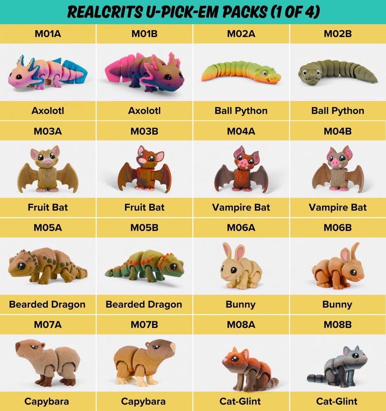 a collection of 16 different toy animals, including bats, fruit bats, vampire bats, and various other creatures, arranged in a grid format.