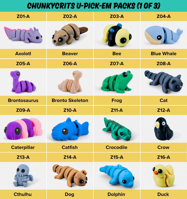 a collection of toy animals, including insects, amphibians, reptiles, and mammals, arranged in a grid format.