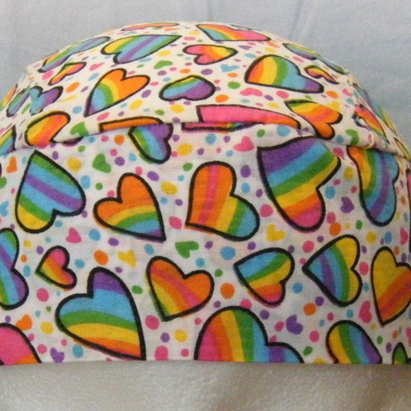 Bright Colored Hearts on a White Skull Cap, Hat, Chemo cap, Biker, Alopecia, Head Wrap, Motorcycle, DoRag, Women, Kids, Hair loss, Handmade