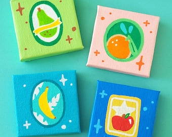 Fruit Stickers-- Painted Canvas Magnets-- Set of 4