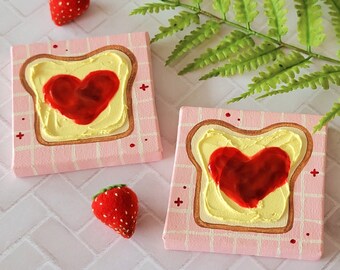 Strawberry Jam Heart Toast Polymer Clay Mixed Media Mini Canvas Painting