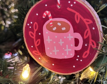 Cottagecore Cocoa Mug Wood Slice Ornament