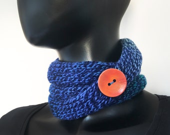 Moonlight Nuzzler - Blue Neckwarming Infinity Scarf orange button - neck warmer small circle scarf cowl stocking filler gift for sister mum