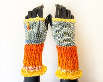 Sunny Orange Fingerless Wristwarmers - Frilly Fingers - Yellow Orange Fingerless Gloves Mother's Day Gift for her Gift for mum