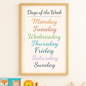 May include: A framed print with the text "Days of the Week" in black, with the days of the week written in a rainbow of colors. Below the frame are two wooden shelves with children's books and a stuffed bunny.