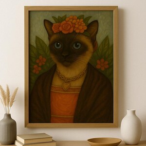 Frida Cat-lo Printable Wall Art – Siamese Cat Portrait in Floral Crown – Frida Kahlo Inspired Digital Download – Boho Cat Decor