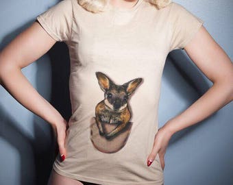 Kangaroo pouch with Joey on Various colours of ladies t-shirt S M L XL