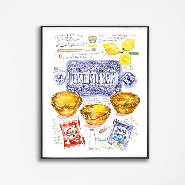 Pasteis de Nata, Recette pâtisserie portugaise, Poster aquarelle, Affiche cuisine Portugal, Cadeau Porto, Décoration restaurant portugais