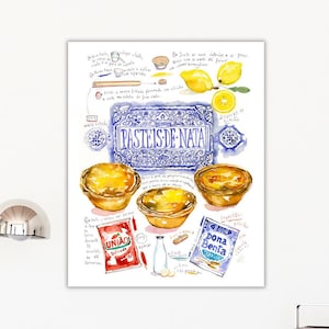 Pasteis de Nata recipe poster, Signed fine art print, Portugal food artwork, Watercolor Portuguese pastry, Blue kitchen wall art, Home decor image 8