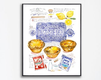 Pasteis de Nata recipe poster, Signed fine art print, Portugal food artwork, Watercolor Portuguese pastry, Blue kitchen wall art, Home decor