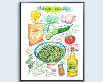 Tabbouleh recipe print, Lebanese herb salad watercolor poster, Middle Eastern cuisine painting, Fresh vegetable kitchen decor, Food wall art