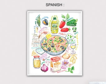 Paella recipe poster, Spanish gift, Watercolor Mediterranean food art, European cuisine print, Cook in Spain, Bright restaurant wall decor