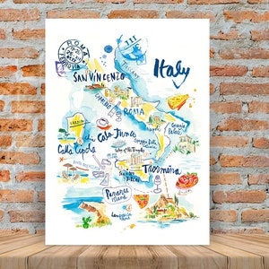 Italy watercolor map poster, Italian landscapes painting, Italian writing, Country map print, Map wall art, European home decor, Travel art afbeelding 1