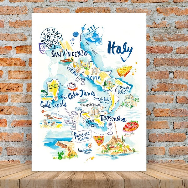 Carte de l'Italie illustrée, Aquarelle, Affiche décoration murale voyage Italie, Poster plages italiennes et lieux de vacances, Dolce Vita