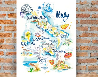 Italy watercolor map poster, Italian landscapes painting, Italian writing, Country map print, Map wall art, European home decor, Travel art