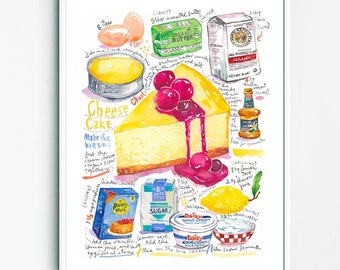 Cheesecake recipe print, Watercolor food painting, Colorful kitchen poster, Cake drawing, Bakery artwork, Vibrant wall art, Cosy home decor