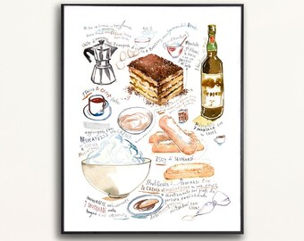 Tiramisu recipe poster, Italian food illustration print, Watercolor painting, Italy themed gift, Kitchen wall art, Italian dessert artwork