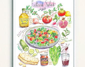Lebanese Fattoush Salad watercolor painting recipe poster, Middle Eastern cuisine print, Colorful kitchen decor, Lebanon cooking wall art