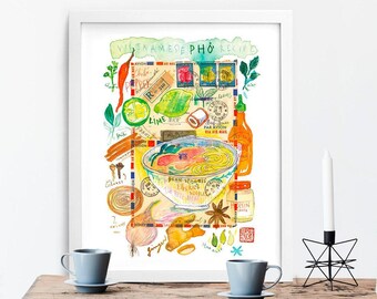 Vietnamese Pho recipe poster, Asian cuisine print, Food lover gift, Watercolor painting, Housewarming party gift, Vietnam themed kitchen art