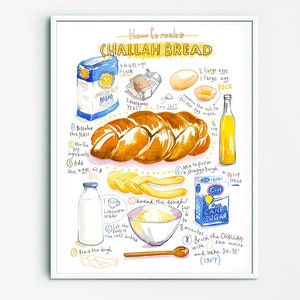 Challah recipe print, Jewish wall art, Watercolor painting, Israeli kitchen decor, Shabbat food poster, Bakery artwork, Bread illustration image 1