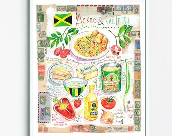 Jamaica Ackee and Saltfish recipe print, Caribbean kitchen wall art, Jamaican food poster, Watercolor painting, Cook in Jamaica Food artwork