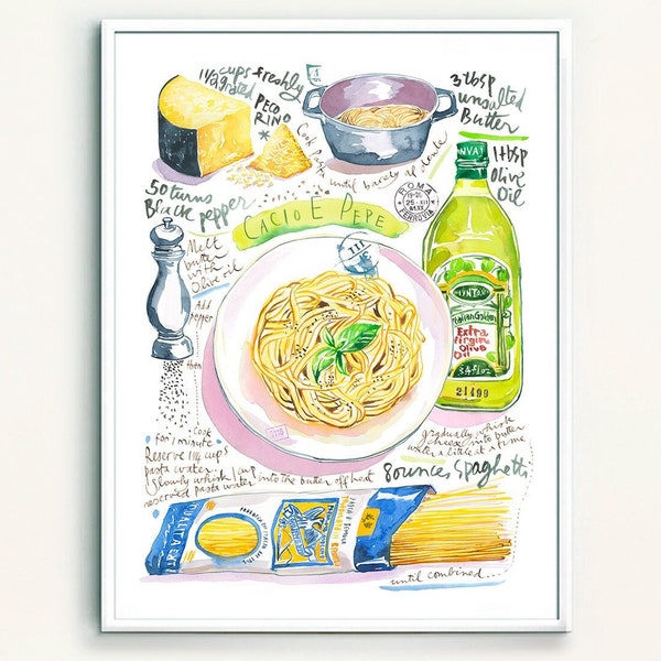 Cacio e Pepe recipe print, Watercolor painting, Italian food poster, Yellow wall art, Italy cooking, Europe kitchen decor, Pasta lover gift