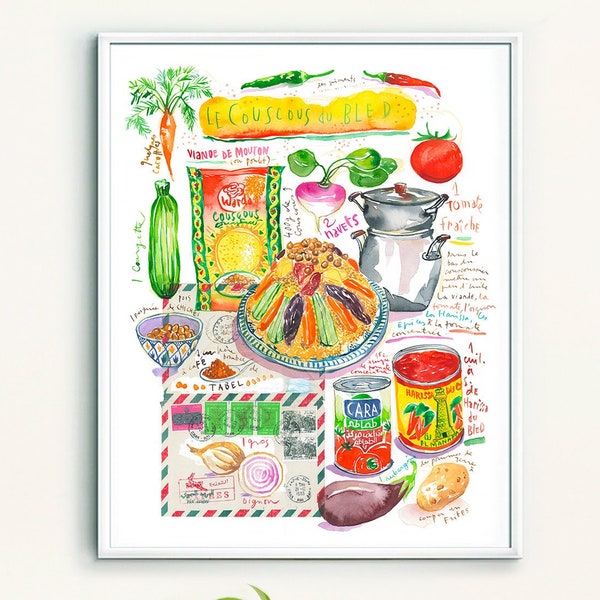 Mediterranean food art, Couscous recipe print, Watercolor painting, Colorful kitchen poster, Moroccan kitchen decor, Algeria cuisine artwork