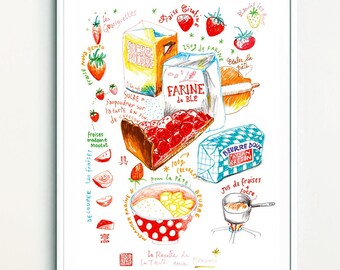 Strawberry pie recipe poster, French cake print, Colorful kitchen decor, Foodie lover gift, Red themed kitchen wall art, France bakery art