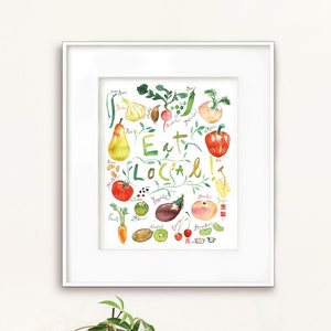 Eat Local kitchen art print, Vegetable Fruit poster, Colorful kitchen print, Green kitchen decor, Kitchen wall art, Watercolor quote poster image 6