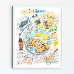 Maryland Crab Cakes recipe print, Watercolor painting, Seafood illustration, Blue and yellow wall art, Kitchen decor, Baltimore food poster
