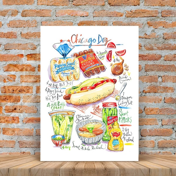 Hot-Dog de Chicago, Poster recette illustrée à l'aquarelle, Décoration colorée pour cuisine, Art mural chambre enfant, Affiche culinaire