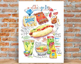 Chicago Dog recipe print, Blue and red kitchen art, Colorful food poster, Illinois cooking wall hanging Watercolor painting, Kids room decor